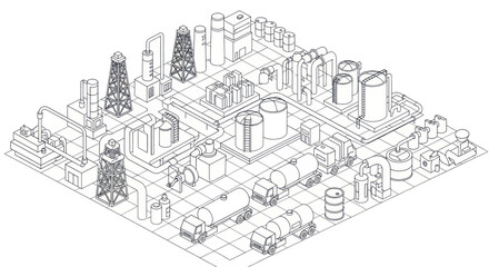 Obraz premium Detailed isometric line art drawing of a sprawling industrial complex.