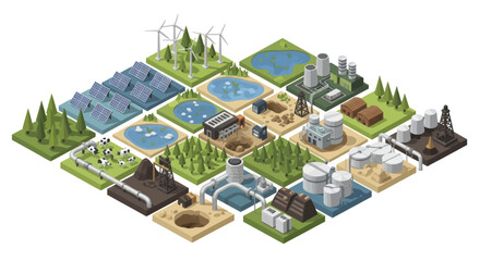 Fototapeta premium Diverse Energy Sources and Industrial Facilities Isometric View.