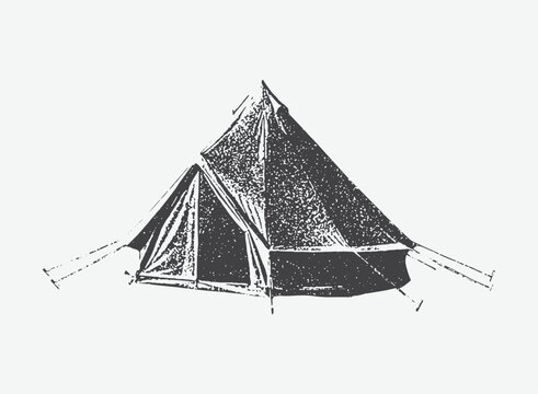 Camping tent with detailed texture, minimal monochrome grunge punk Y2K collage design, perfect for outdoor, travel, and adventure themes.