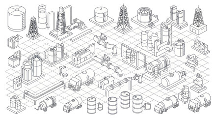 Obraz premium Industrial Facility Isometric Line Art Elements Collection.