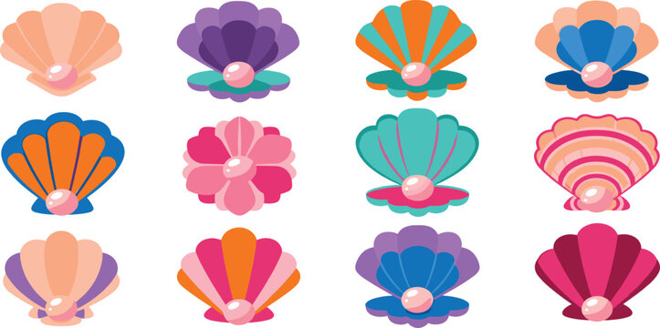 Decorative Seashell and Pearl Icon Set Featuring Colorful Scallop Shells for Summer Beach Vacations and Nautical Ocean Theme Graphic Design Projects