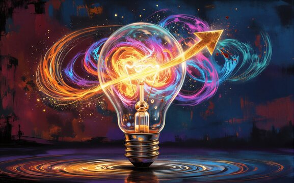 A glowing bulb with vibrant swirls and an arrow symbolizing