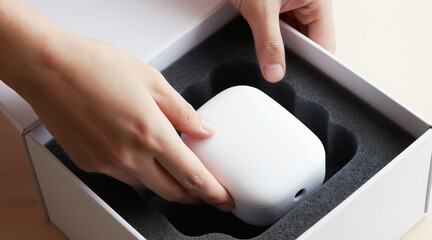Fototapeta premium Hands place small white device into protective foam packaging inside box. Preparing item for shipping, online order fulfillment. Secure product delivery, unboxing experience.