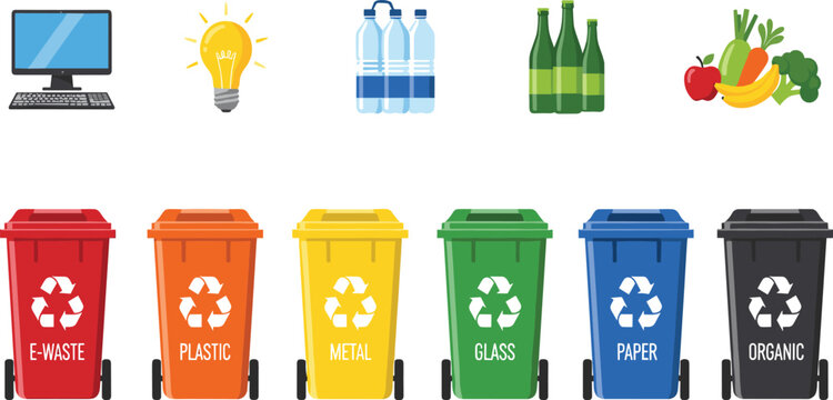 Recycling Bin Icon Set for Waste Sorting Including Plastic Glass Paper Metal Organic and E-waste Management for Environmental Sustainability Projects