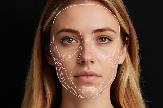 Female face with white line overlay showing skull structure, facial lines indicating asymmetry. Concept for medical, aesthetic facial correction treatments. Woman with blonde hair against dark
