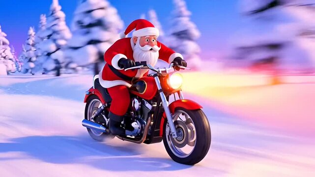 Santa Claus riding motorcycle through snowy forest at sunset
