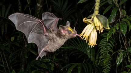 Obraz premium Bat hovering near a banana flower, feeding on nectar at night.