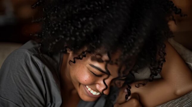 Radiant young woman with curly hair smiles genuinely while relaxing on a comfortable bed conveying happiness contentment and a sense of peaceful well-being at home
