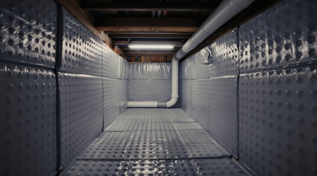 Encapsulated crawl space with dimple board and vapor barrier. Includes radon pipes and fluorescent lighting for a clean basement area. Energy efficient home improvement.