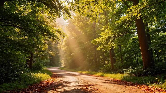 Sunlit forest path with green trees