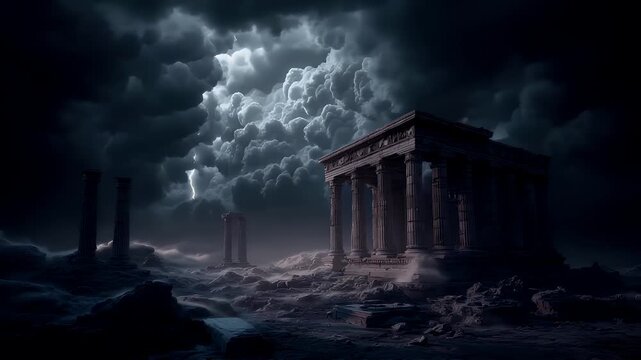 Space universe exploration, fantasy, mysterious. A dramatic digital artwork depicts an ancient temple amidst a stormy sky. The temple, with its grand columns and pediment, is the central focus.
