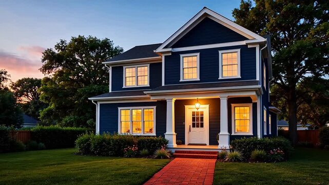 Blue house with lit windows at dusk