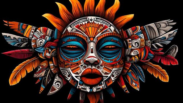Vibrant Aztec Sun God Mask with Feathers and Ornate Details.