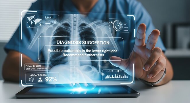 AI-powered medical diagnosis. A doctor's hand receives a 'diagnosis' suggestion from an AI system on a holographic interface after analyzing an X-ray image.