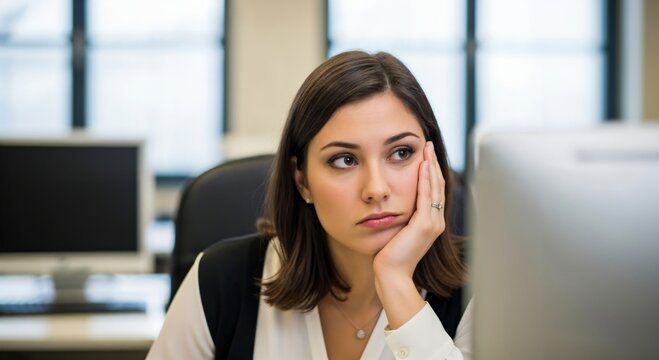 Bored young woman sitting at office desk looking tired and frustrated at computer screen