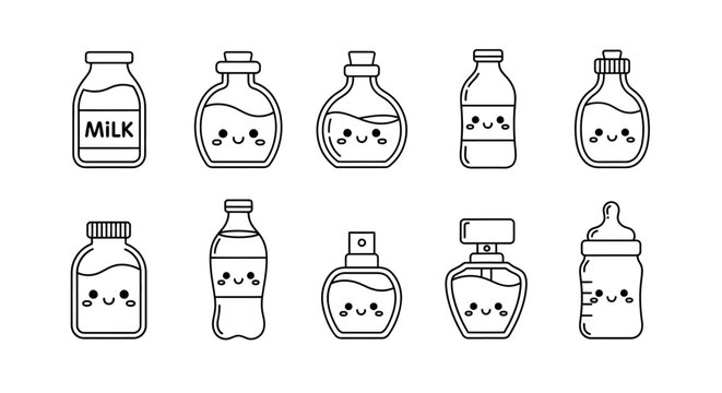 Collection of cute kawaii line art icons featuring various smiling liquid containers and bottles, perfect for charming graphic designs