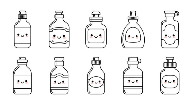 Cute cartoon bottles with happy faces. A vector illustration of ten doodle style liquid containers, perfect for playful condiment, sauce, or beverage packaging design