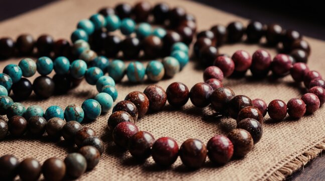 Assorted stone bead bracelets are artfully arranged on textured burlap. Bracelets feature natural stones in earthy tones and vibrant blues, ideal for fashion or wellness themes.