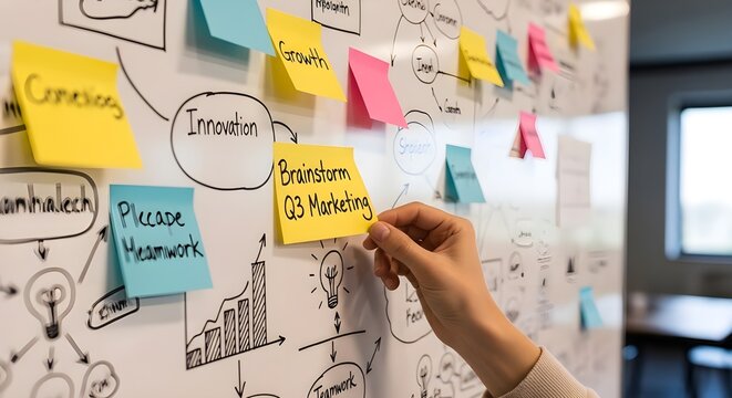 The image shows a hand placing a yellow sticky note that reads "Brainstorm Q3 Marketing" onto a crowded whiteboard