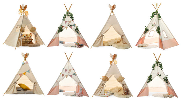 Cute wigwams for children isolated on white, set