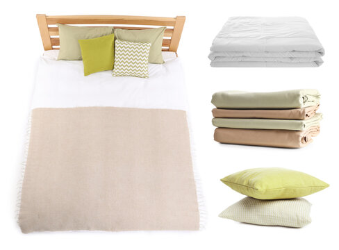 Bed with pillows and bedding isolated on white, set