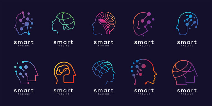 Human brain icons set,  modern style logo for platform science innovation, machine learning, medical research, connecting digital  data   for artificial intelligence technology development, human brai
