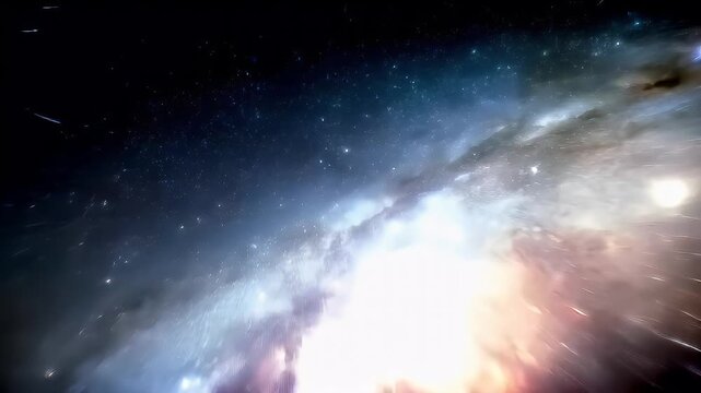 Space universe exploration, fantasy, mysterious. A vivid, highresolution digital artwork depicts a celestial scene. The main subject is a swirling galaxy, with a distinct spiral galaxy in the center.