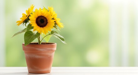 Fototapeta premium Sunflower plant in pot with bright yellow petals, natural light, and clean background, creating a cheerful atmosphere and fresh botanical decor concept.