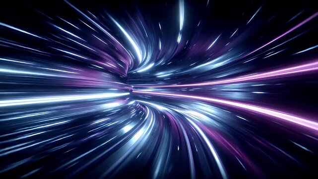 Space universe exploration, fantasy, mysterious. A vivid digital artwork depicts a swirling vortex of light trails radiating outward in a mesmerizing pattern of blue, pink.