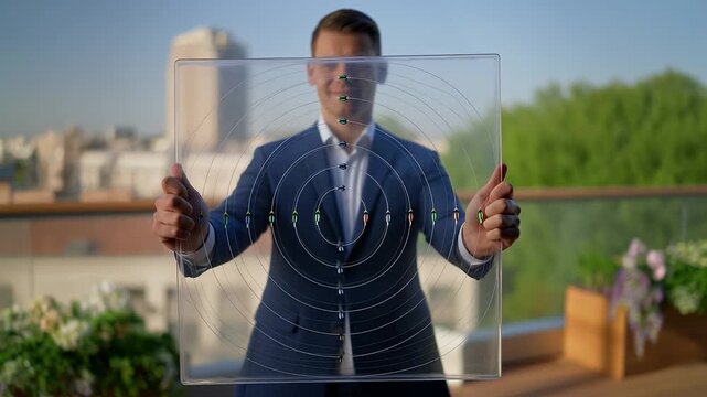 Businessman Holding Target with Arrows Outdoors on Rooftop