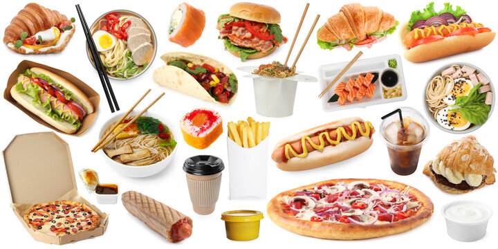 Fast-food restaurant menu. Different meals and drinks for delivery on white background, collection