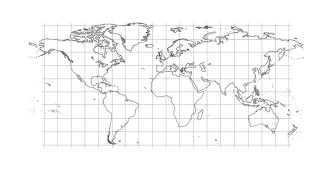 World Map Outline with Latitude and Longitude Lines.