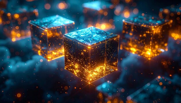 ブロックチェーンを可視化したキューブ状の光の連鎖構造