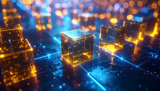 ブロックチェーンを可視化したキューブ状の光の連鎖構造