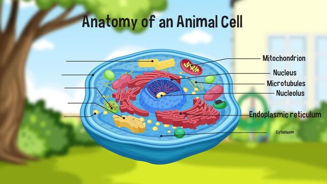 Educational animation showing anatomy of animal cell with labels for various organelles against outdoor background.