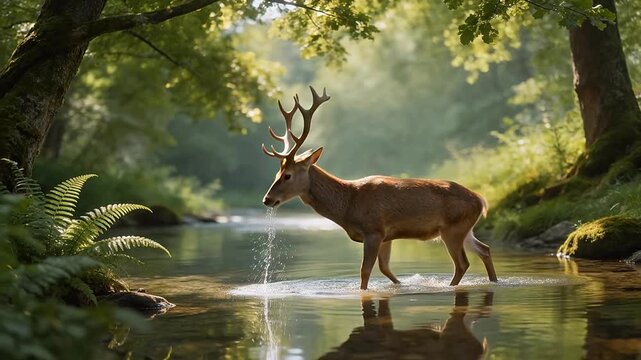 Deer in forest stream