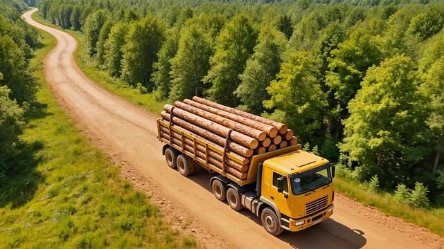 Yellow truck carrying logs on forest road
