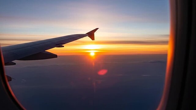 Airplane wing against a vibrant sunset sky viewed from a window