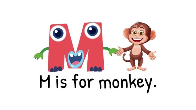 Animated alphabet letter M is for monkey cartoon character educational footage with white background and text.