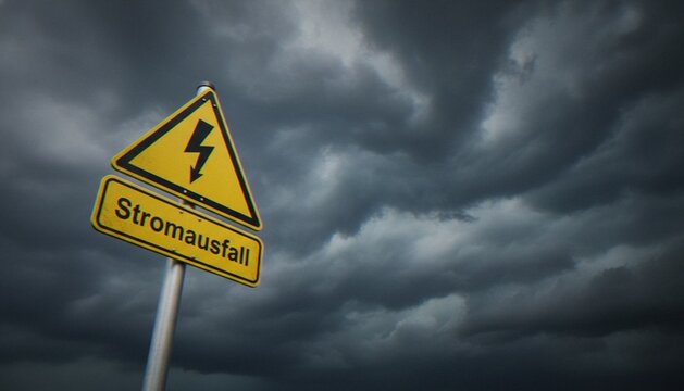A yellow caution sign with a lightning bolt symbol and the German word Stromausfall, meaning power outage, set against a dark and stormy sky.