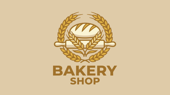 Bakery Shop Logo with Wheat and Rolling Pin.