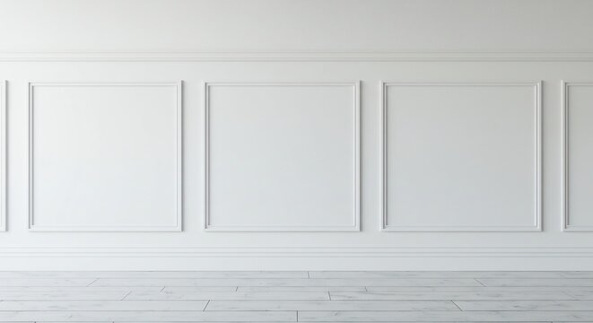 Soft bright light highlights elegant white wall panels creating a clean minimalist interior background design template. AI Generated