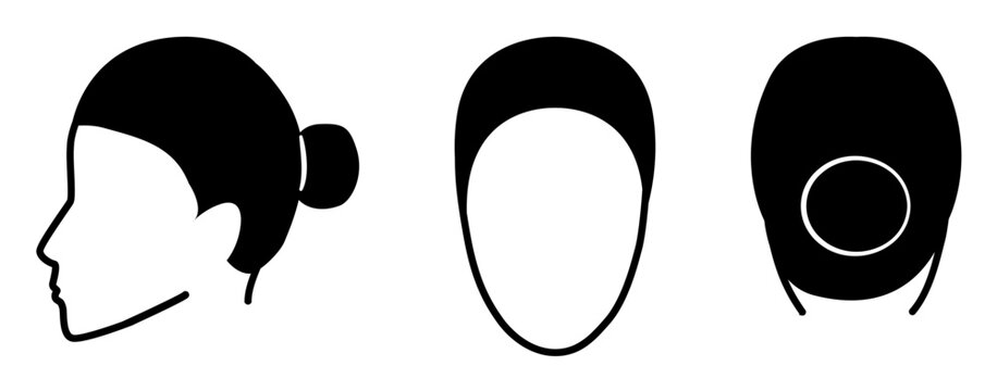 Slick Bun hairstyle silhouette front profile back view, smooth bun hair shape tight style clean outline for icon, avatar, logo, minimal beauty, fashion graphic