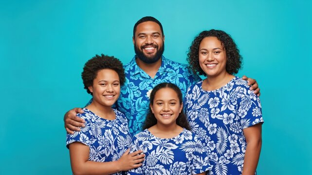 Pacific Islander Family Portrait with Parents and Two Daughters in Matching Floral Shirts