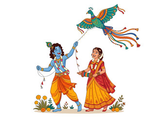 Obraz premium Lord Krishna and Radha flying a colorful bird kite