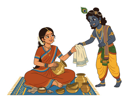 Hindu deity Krishna helps Radha polish brass pots