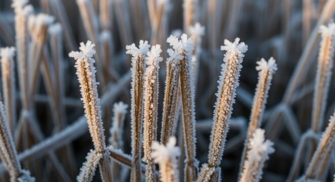 Frosty morning on frozen grass field.