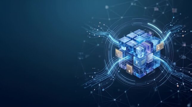 Holographic Data Cube with Digital Icons Glowing on Blue Background