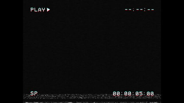 VHS tape playing with white PLAY text and tracking errors. VCR videocassette recorder animation featuring glitches, artifacts and static TV noise. Retro vintage background or overlay. 3x4.