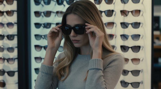 Woman with blonde hair tries on trendy sunglasses in an optical shop. She examines frames at a display with many eyewear choices. Client selects accessories for fashion and protection.